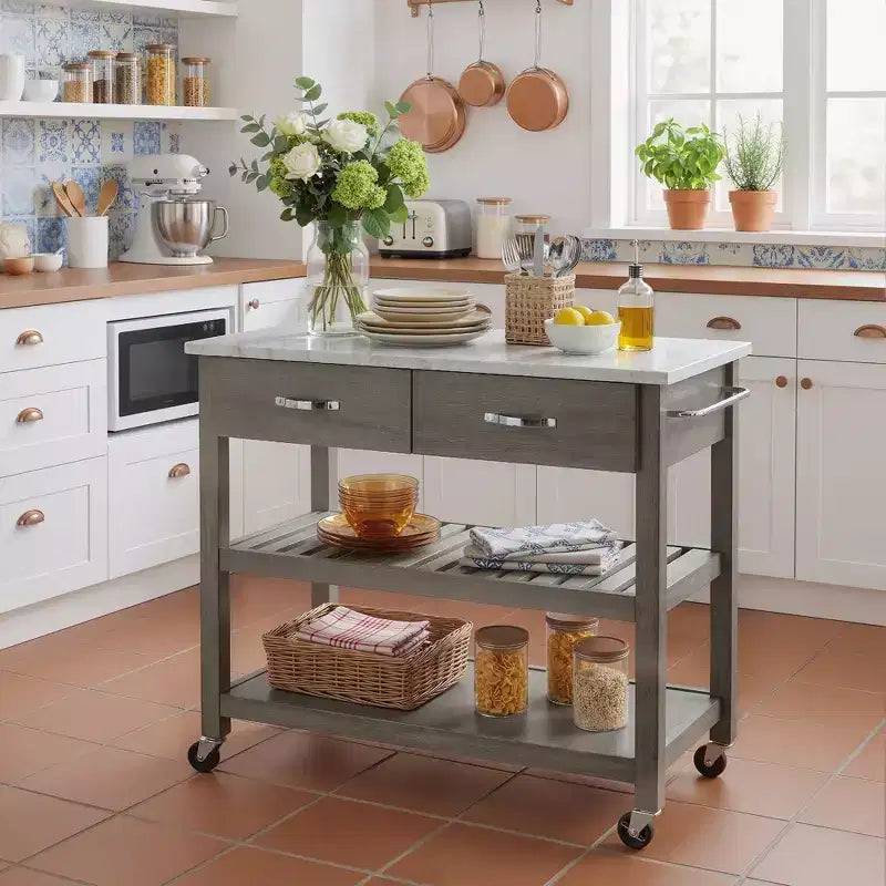 Desserte de cuisine à roulettes avec plateau en marbre, îlot de cuisine en bois massif à 2 tiroirs, chariot de cuisine à 3 niveaux avec roulettes amovibles verrouillables et porte-serviette