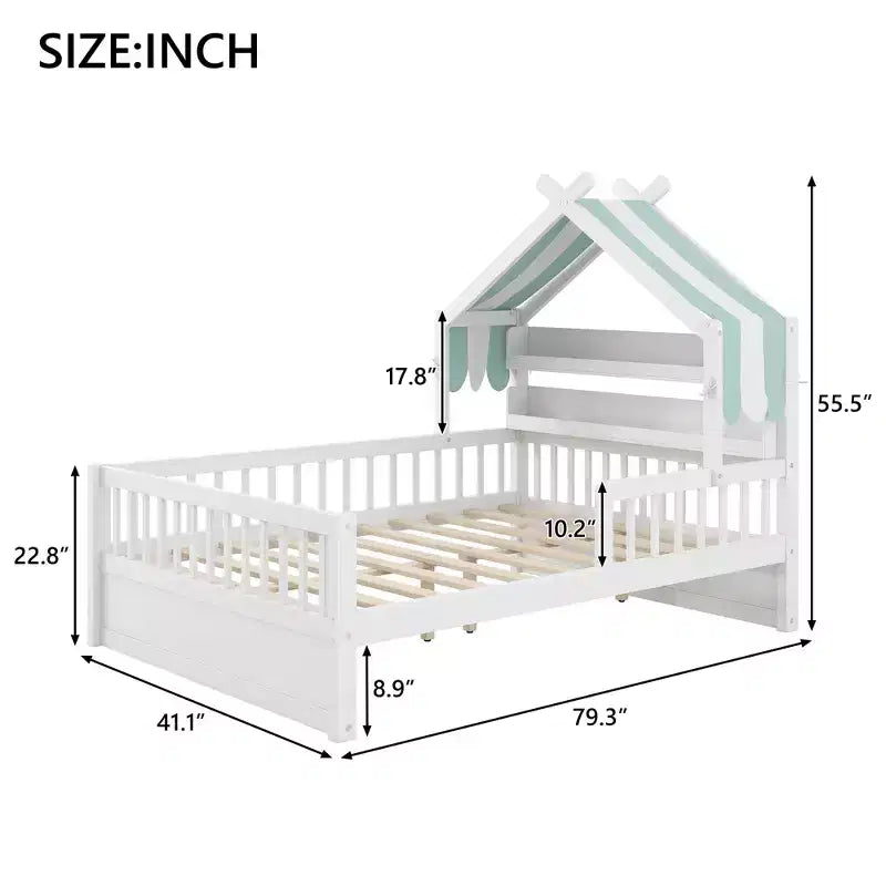 ModernLuxe Holzhüttenbett in Twin-/Full-Größe mit Stauraum-Kopfteil, Kinderbettgestell aus massivem Kiefernholz mit Schutzgittern