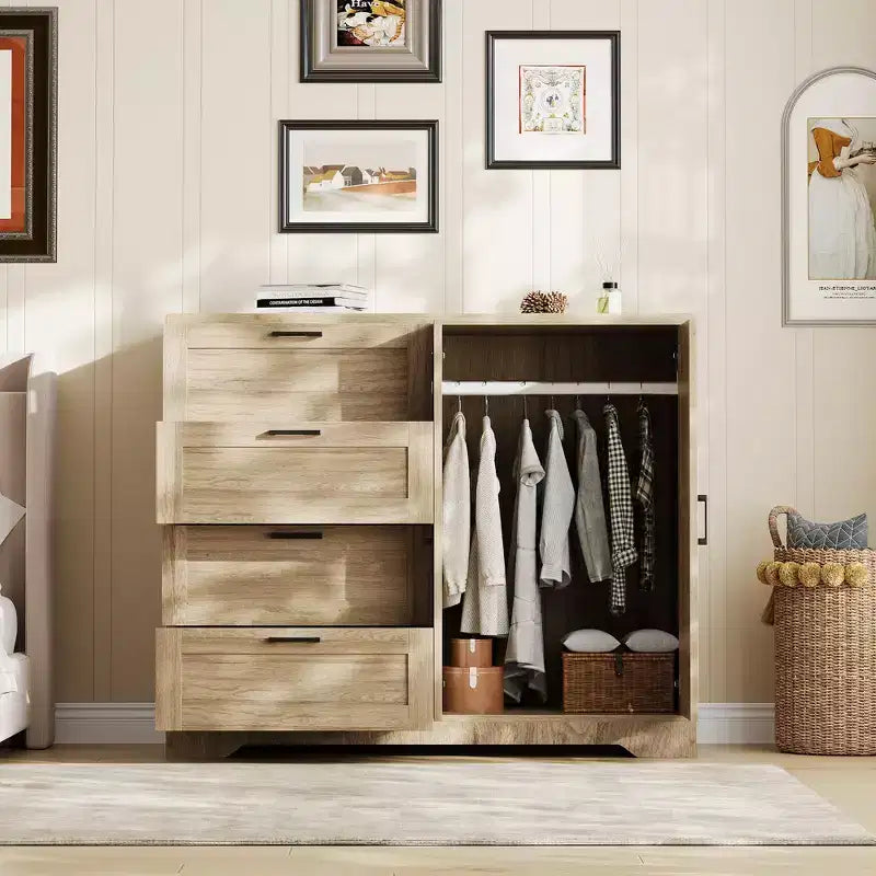 Holzkleiderschrank, 43.3 H hoch, mit 4 Schubladen und Kleiderstange, vielseitiger Kleiderschrank mit Kommode fürs Schlafzimmer