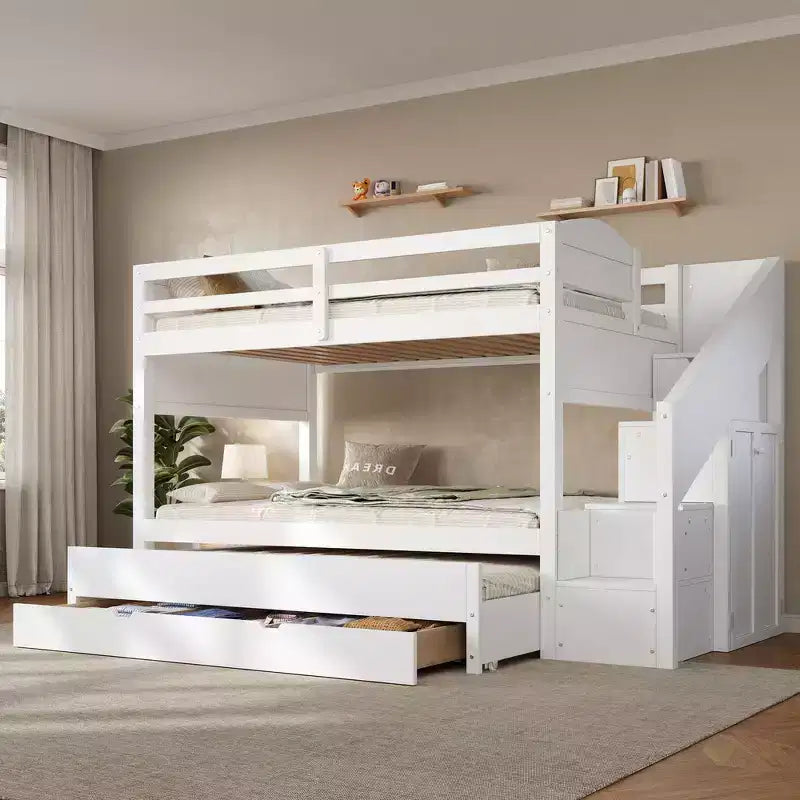 Lit superposé Whisen pour lits jumeaux XL avec lit gigogne, rangements, bois massif, escalier avec rangements, armoire et 3 tiroirs, pour enfants