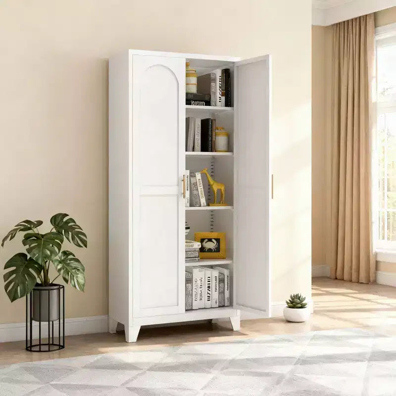 Armoire de rangement Homy Casa à 4 portes avec panneaux en cannage et étagères réglables pour le salon, la salle à manger ou l’entrée, noire et naturelle