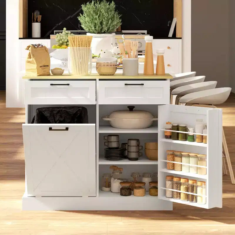 HOMCOM Küchenunterschrank für Mülltonne mit Klappfront und Schubladen, Landhausstil, mit versteckter Mülltonne