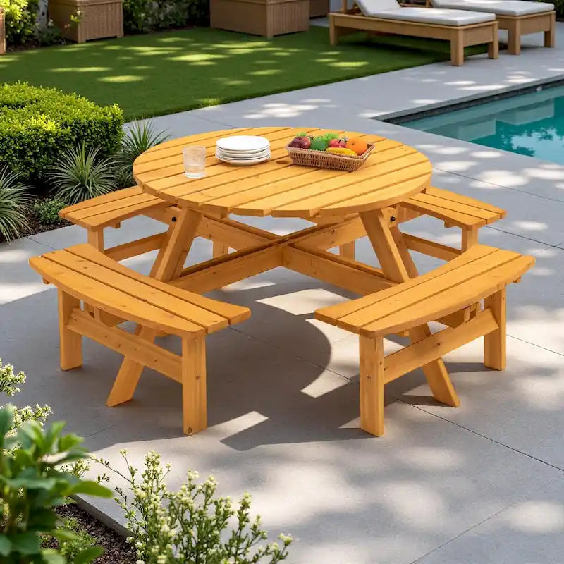 Ensemble de pique-nique rond en bois de sapin pour terrasse extérieure, pour 8 personnes, avec 4 bancs intégrés et un trou pour parasol
