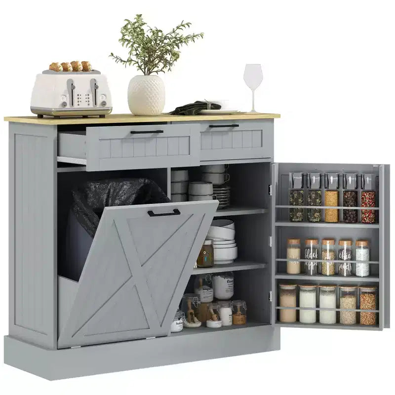 HOMCOM Küchenunterschrank für Mülltonne mit Klappfront und Schubladen, Landhausstil, mit versteckter Mülltonne