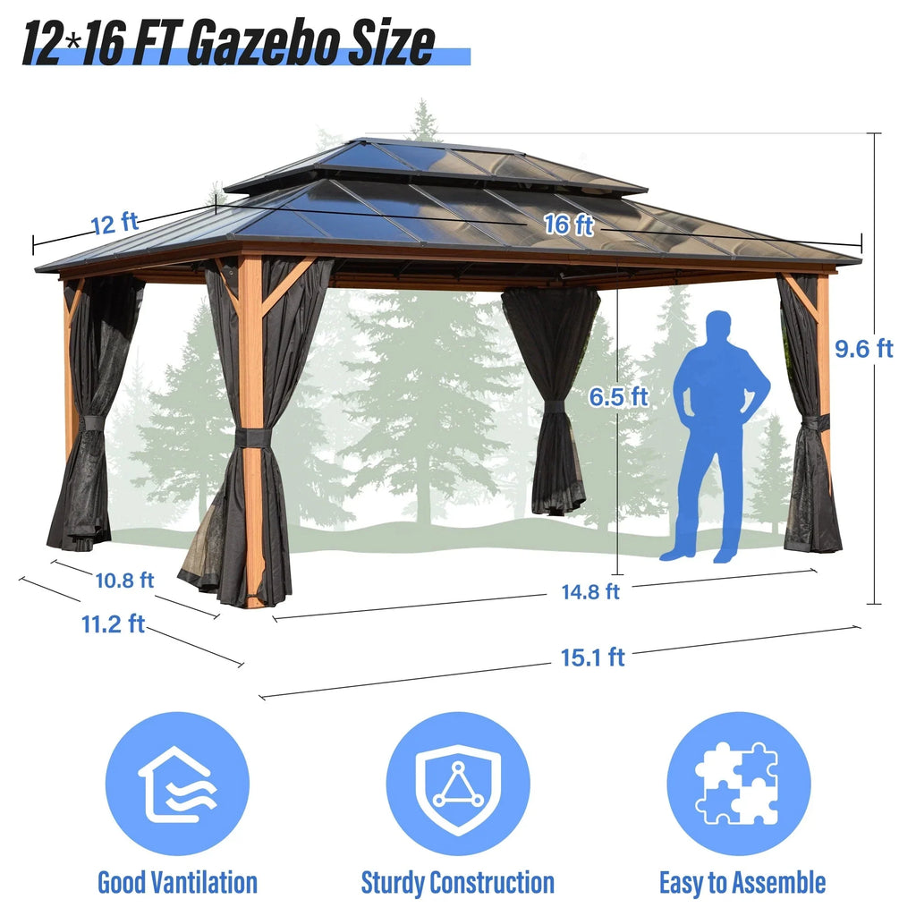 EROMMY Pavillon mit festem Dach, Pergola für den Außenbereich mit Doppeldach, Moskitonetz und Vorhängen, strapazierfähiges Sonnendach für Terrasse, Garten und Poolpartys