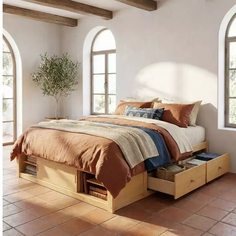 Cadre de lit plateforme grand lit Whisen avec 4 tiroirs de rangement et rangement dans le pied de lit