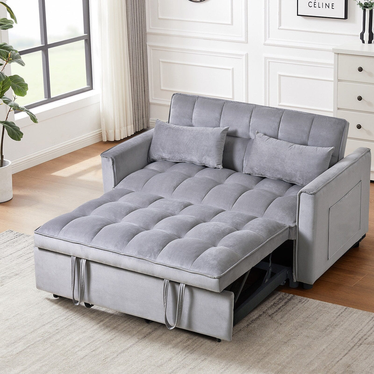 Nowoczesne rozkładane łóżko-sofa, sofa z funkcją spania 3 w 1 z regulowanym oparciem, dwuosobowa sofa z aksamitu, poduszkami i kieszeniami bocznymi