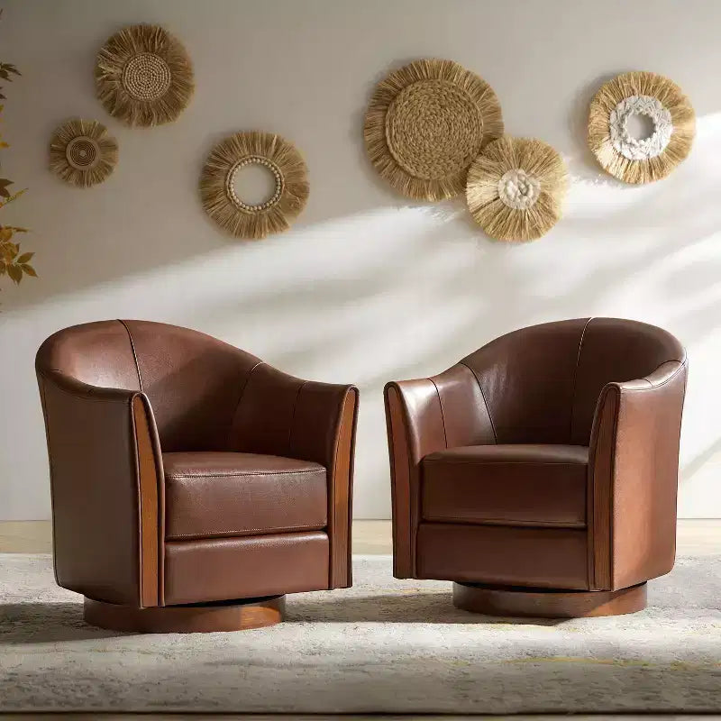 Pocono Übergangs-Stil-Drehfasssessel aus echtem Leder mit Massivholzgestell, 2er-Set, Artful Living Design
