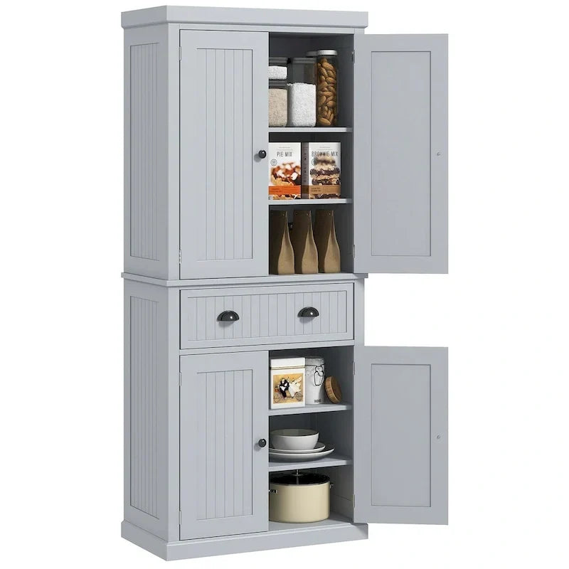 Garde-manger de cuisine de 72, armoire traditionnelle autoportante avec 4 portes et 3 étagères réglables, grand tiroir central