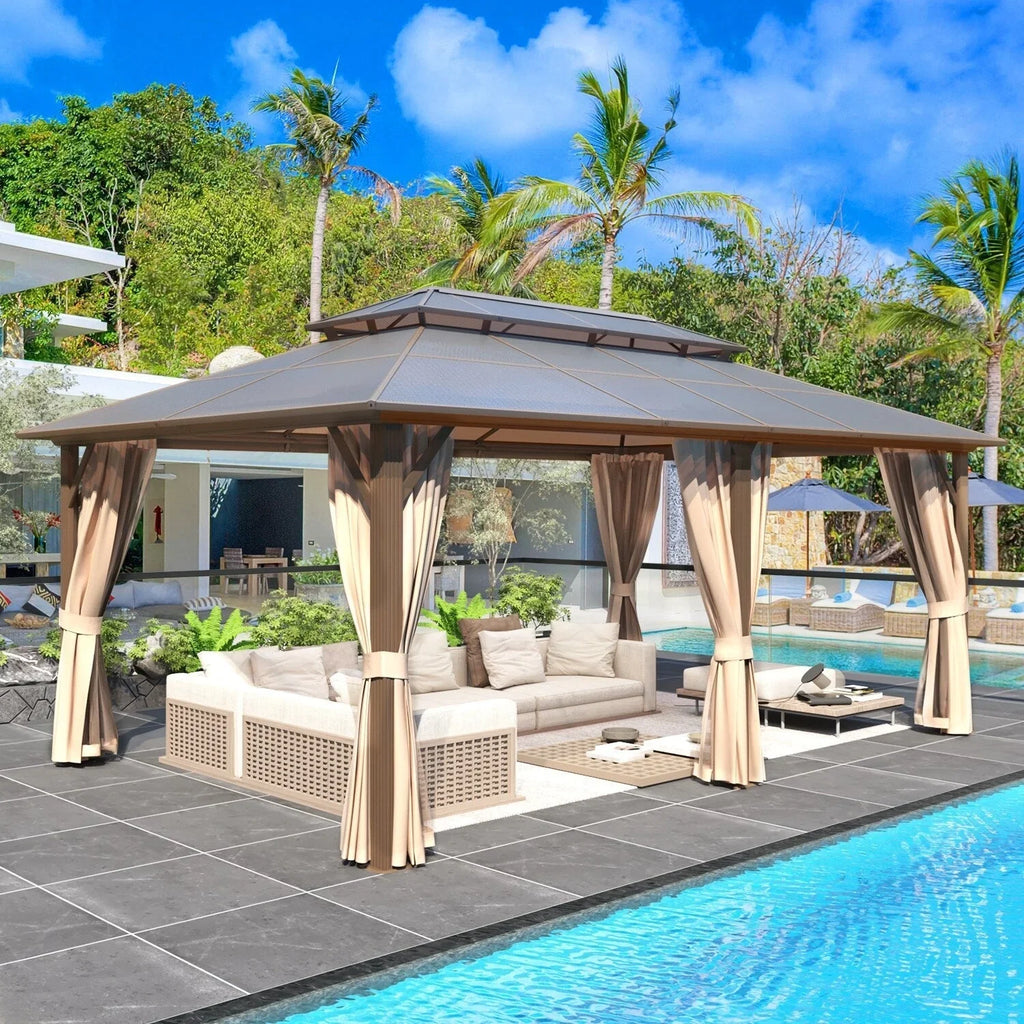 EROMMY Pavillon mit festem Dach, Pergola für den Außenbereich mit Doppeldach, Moskitonetz und Vorhängen, strapazierfähiges Sonnendach für Terrasse, Garten und Poolpartys
