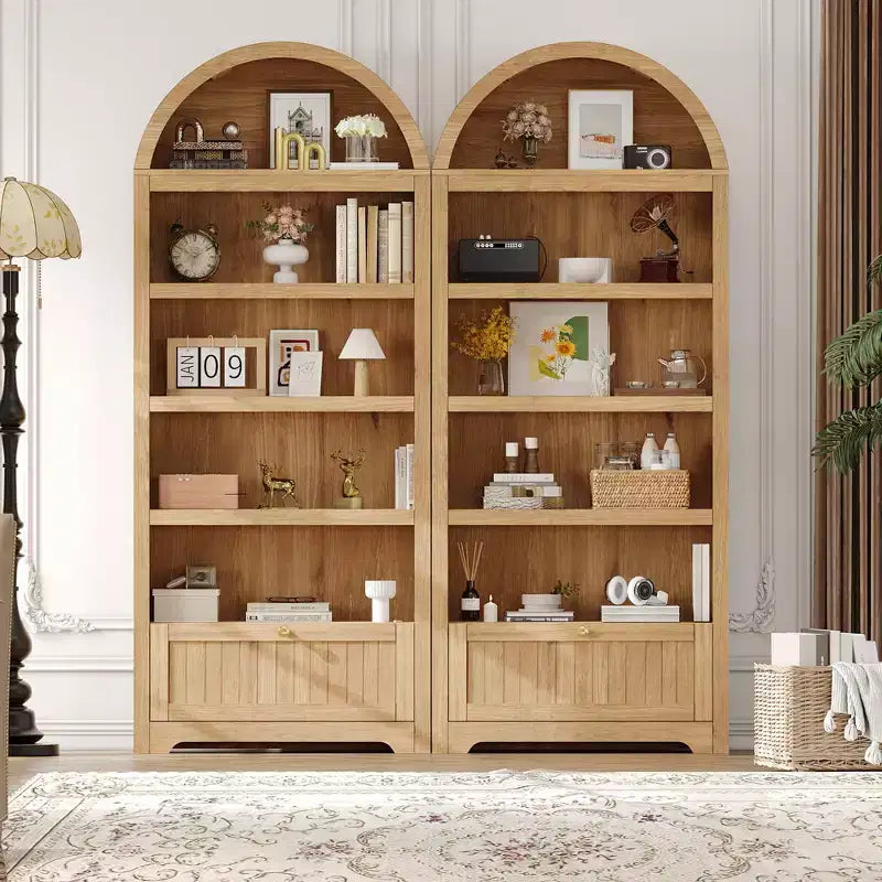 Boogvormige boekenkast van 72 met opberglade, moderne houten vitrinekast met 6 niveaus, open planken, onderste lade en gebogen kastdeur