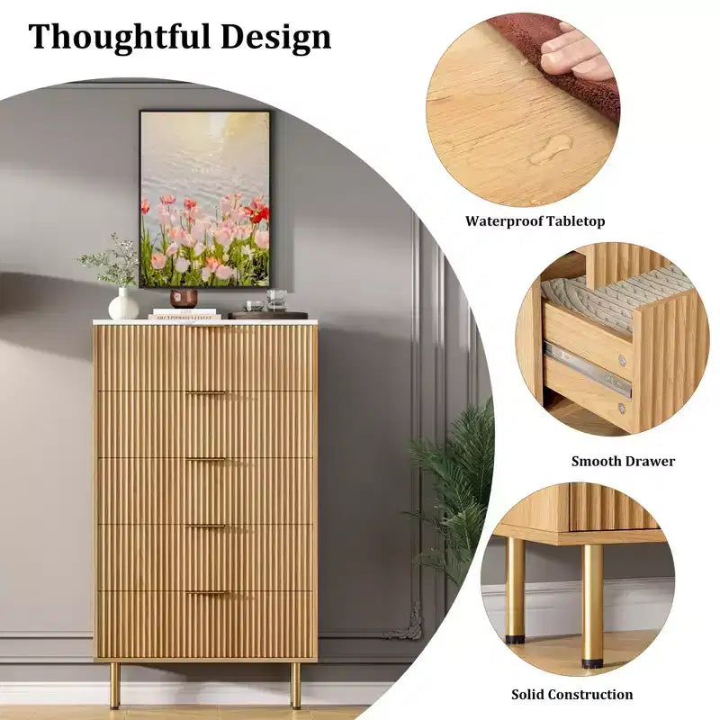 Commode blanche / marbre et bois à 5 tiroirs ?C panneau cannelé, pour 1 personne