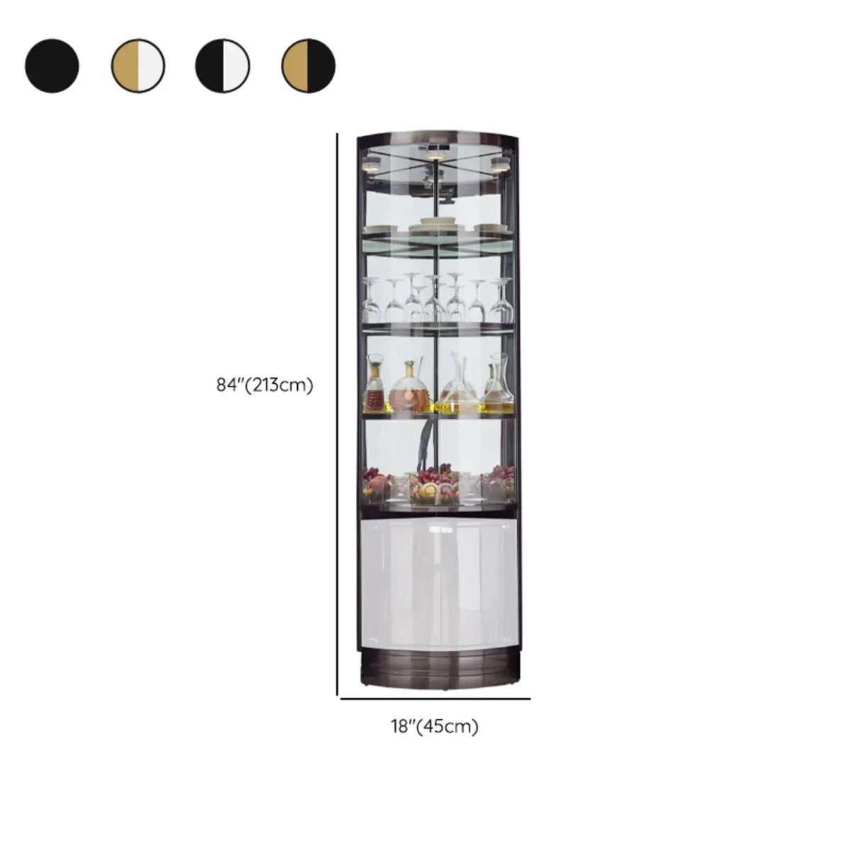 Meuble d’angle à plusieurs niveaux avec étagères en verre et métal, pour rangement, présentation et bouteilles de vin