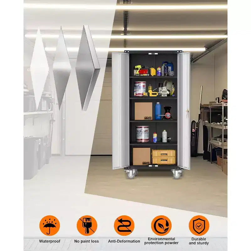 Garagekast op wielen met gereedschapsbord, afsluitbare metalen opbergkast van 72 H met 2 deuren en 4 verstelbare planken voor de garagewerkplaats