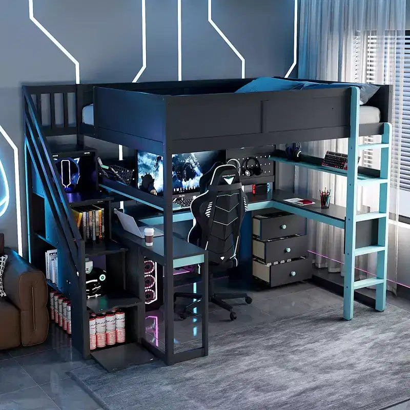 GDFStudio Scott houten gaminghoogslaper met opberktrap, bureau, planken en pegboard