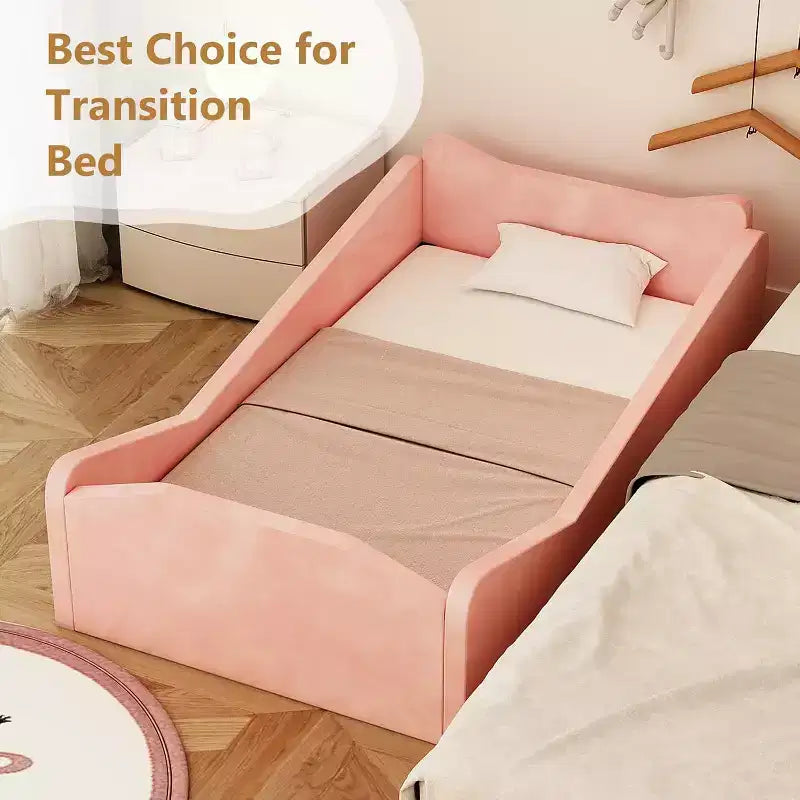 JOYMOR Kleinkinderbett, Bodenbett mit Sicherheitsgitter, Montessori-Kleinkinderbett mit Tierohren, rosa