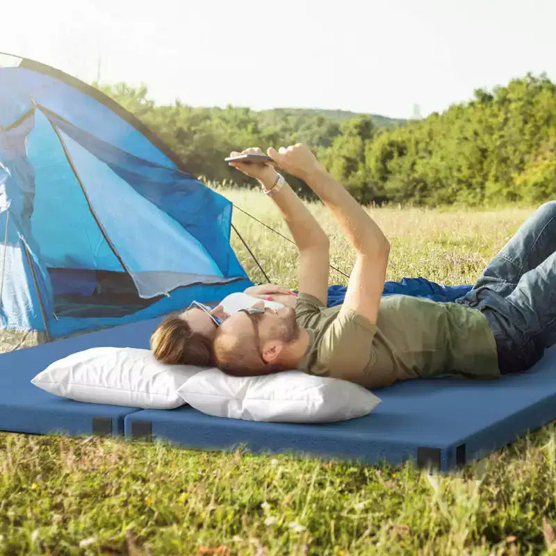 Costway kampeermatras van traagschuim met antislip onderkant en reistas voor buitengebruik, grijs/blauw