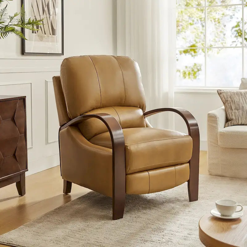 Fauteuil inclinable manuel Alex, style moderne du milieu du siècle, en cuir véritable coloris cigare, avec accoudoirs incurvés en bois