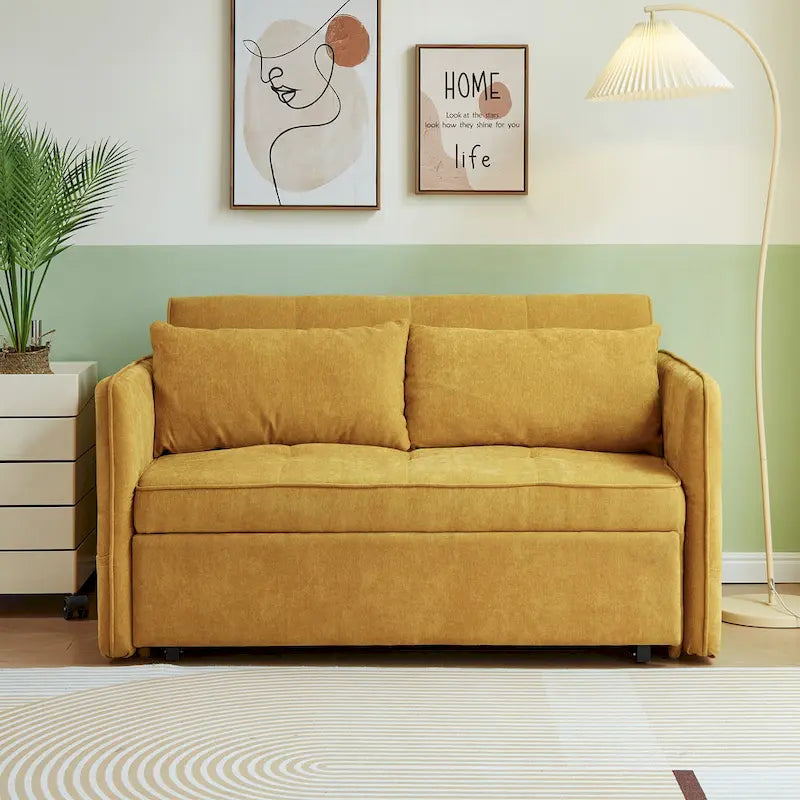 Rozkładana sofa z funkcją spania, obita żółtą tkaniną szenilową - 39.00 x 53.50 x 31.50