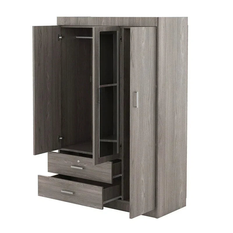 Armoire à 3 portes miroir avec étagères et 2 tiroirs