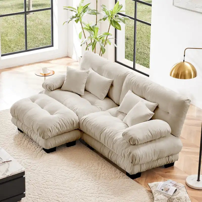 L-förmiges Zweisitzer-Sofa mit Chenille-Bezug und Lendenkissen