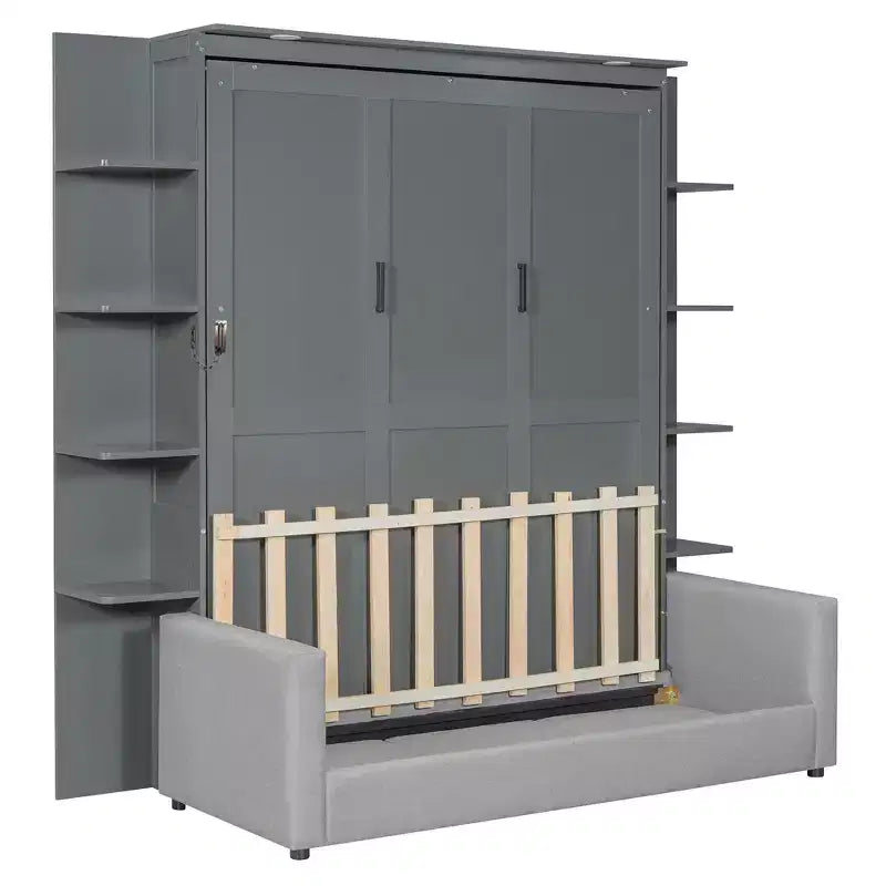 Queensize Murphy-bed met bank, opklapbed in kastformaat met boekenkast en planken voor de logeerkamer of het kantoor
