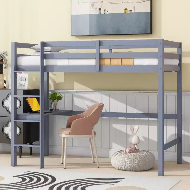 Okak minimalistisches Hochbett mit Leiter, Hochbett für Einzelbettmatratze aus Gummibaumholz mit Sicherheitsgeländer und eingebautem Schreibtisch, Bettgestell für Kinder und Jugendliche