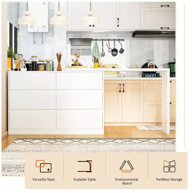 Buffet avec rangement intelligent, pivotant et extensible, avec 6 tiroirs, comptoir prolongé, tapis antidérapant, table à manger pivotante et garde-manger pour îlot de cuisine