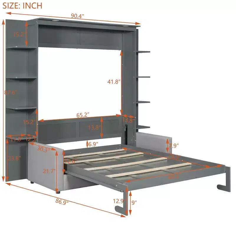 Queensize Murphy-bed met bank, opklapbed in kastformaat met boekenkast en planken voor de logeerkamer of het kantoor