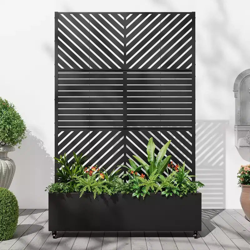 Jardinière MAYEERTY avec treillis en fer noir à lignes parallèles 01, style classique à persiennes, ensemble combiné de 3 pièces, 72x47x16in