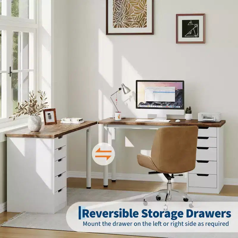 Bureau d’ordinateur de 47 pouces avec 5 tiroirs de rangement, table d’étude et d’écriture réversible au style rustique moderne, poste de travail pour bureau à domicile et petits espaces