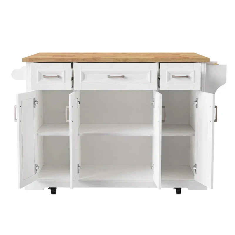 Grand îlot de cuisine avec rallonge rabattable en bois, chariot de cuisine roulant à texture gaufrée avec portes et tiroirs et rangements, blanc