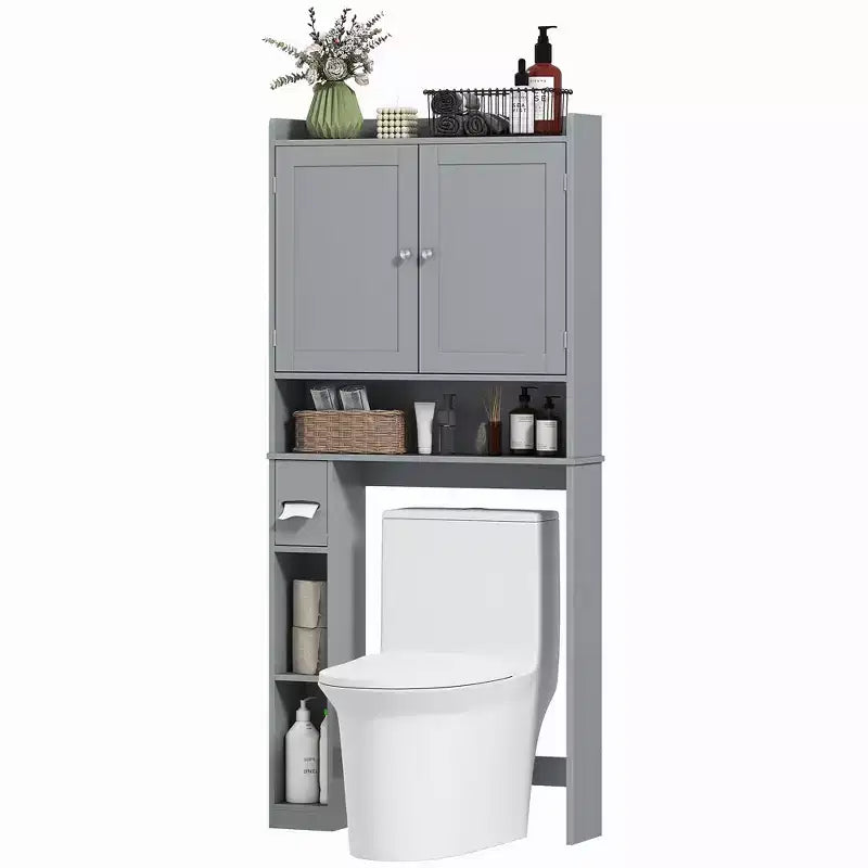 HOMCOM Toilettenregal mit Schrank, moderner Badezimmer-Organizer über der Toilette mit 2 Türen, Toilettenpapierhalter, freistehend und platzsparend