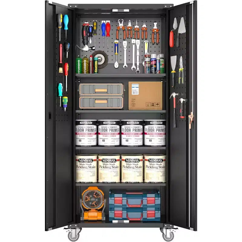Garagekast op wielen met gereedschapsbord, afsluitbare metalen opbergkast van 72 H met 2 deuren en 4 verstelbare planken voor de garagewerkplaats