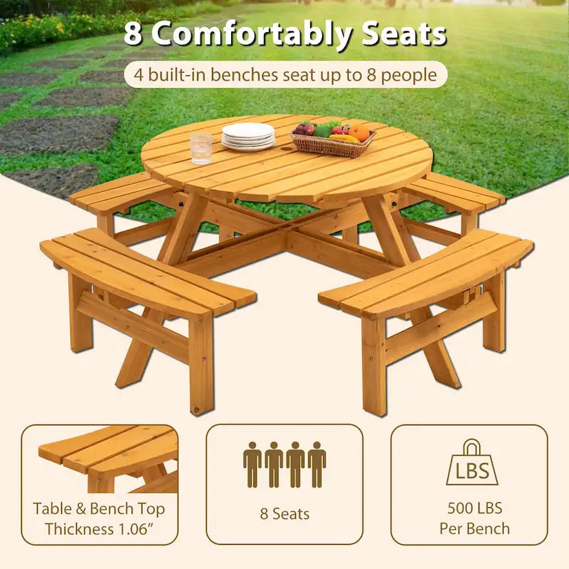 Rundes Picknickset aus Douglasienholz für 8 Personen für Terrasse und Garten, mit 4 integrierten Bänken und Schirmloch