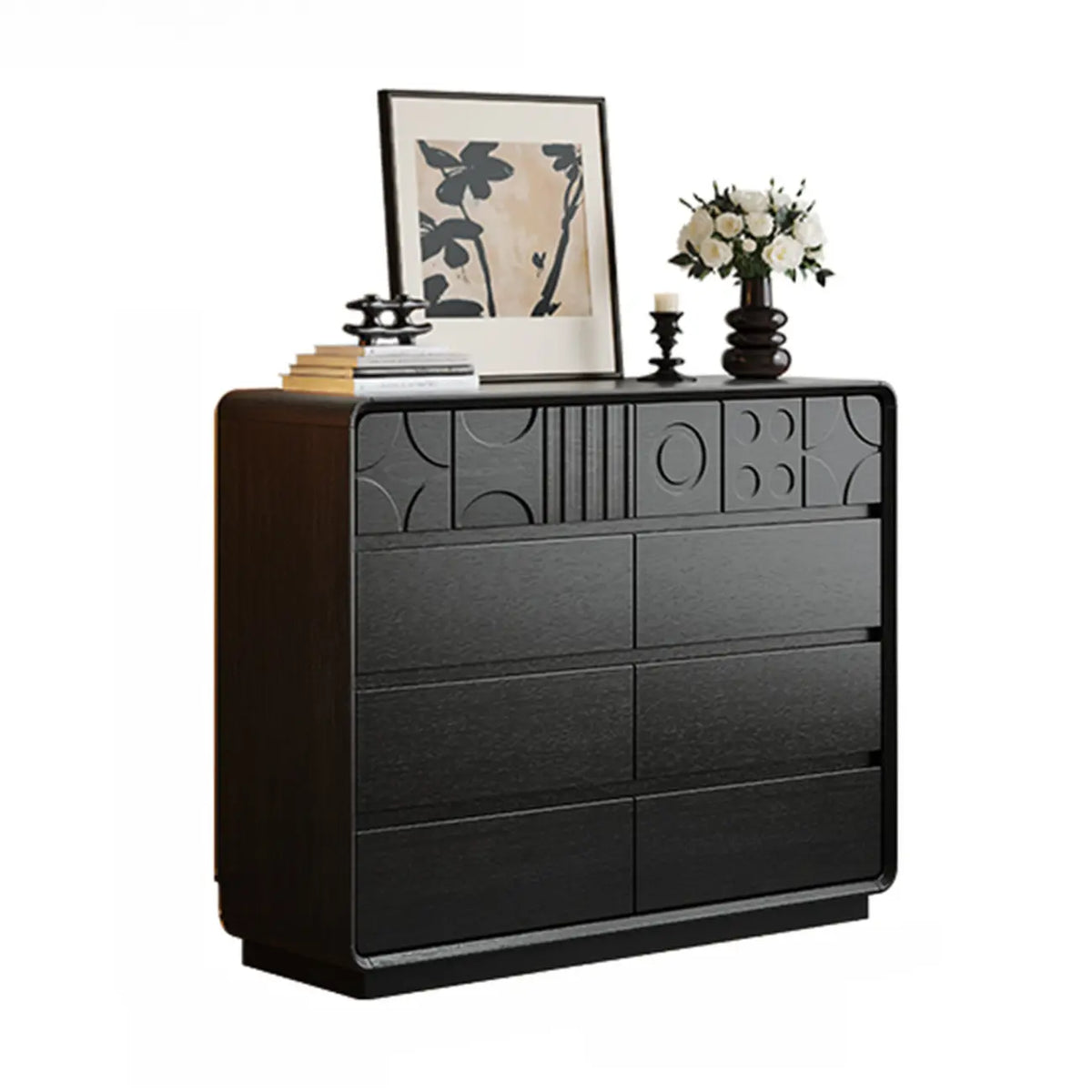 Commode en bois d’inspiration Art déco avec sculptures géométriques