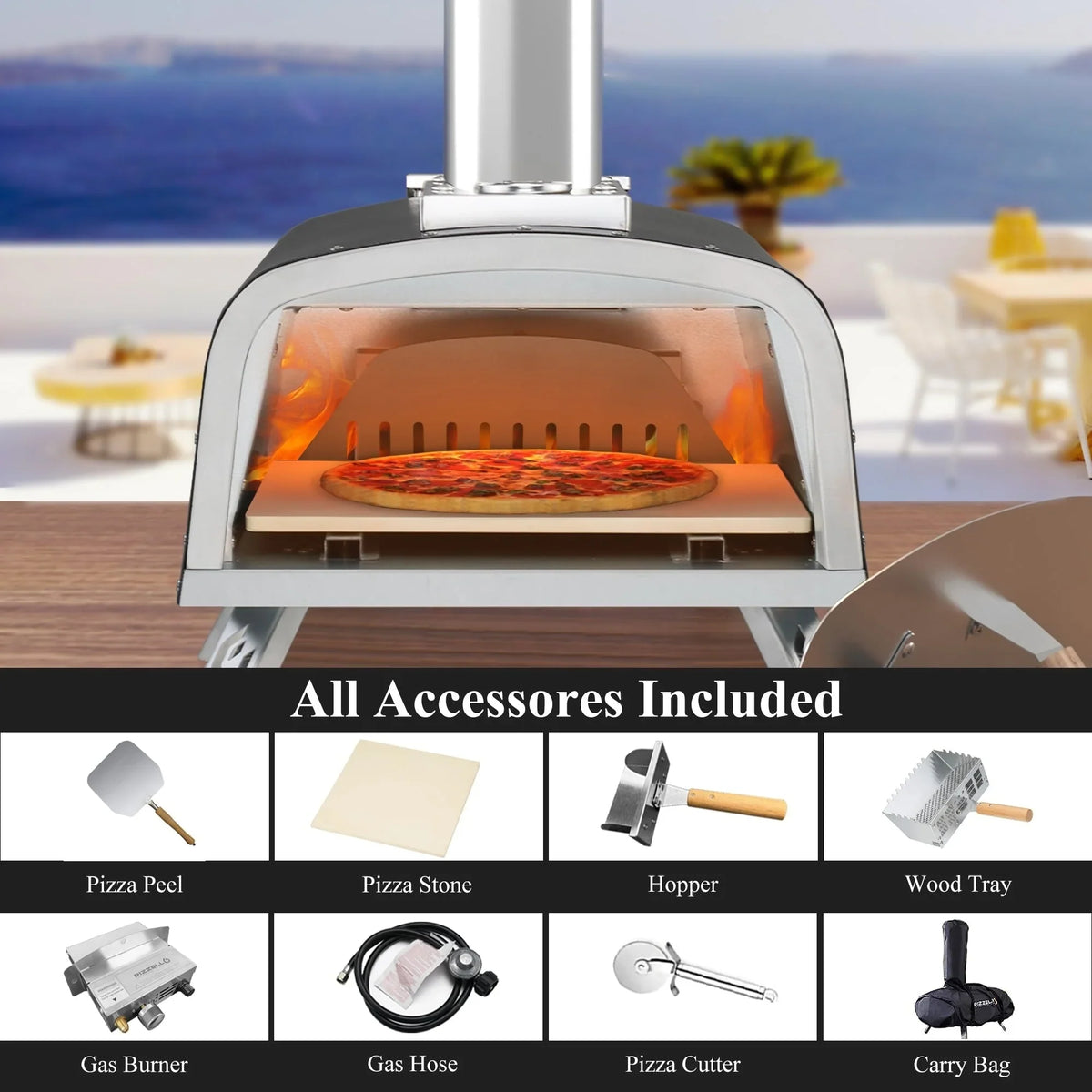Multifuel-Pizzaofen für draußen, Pizzabäcker für Steinofenpizza mit Gasbrenner und Holzbox - 12 inch