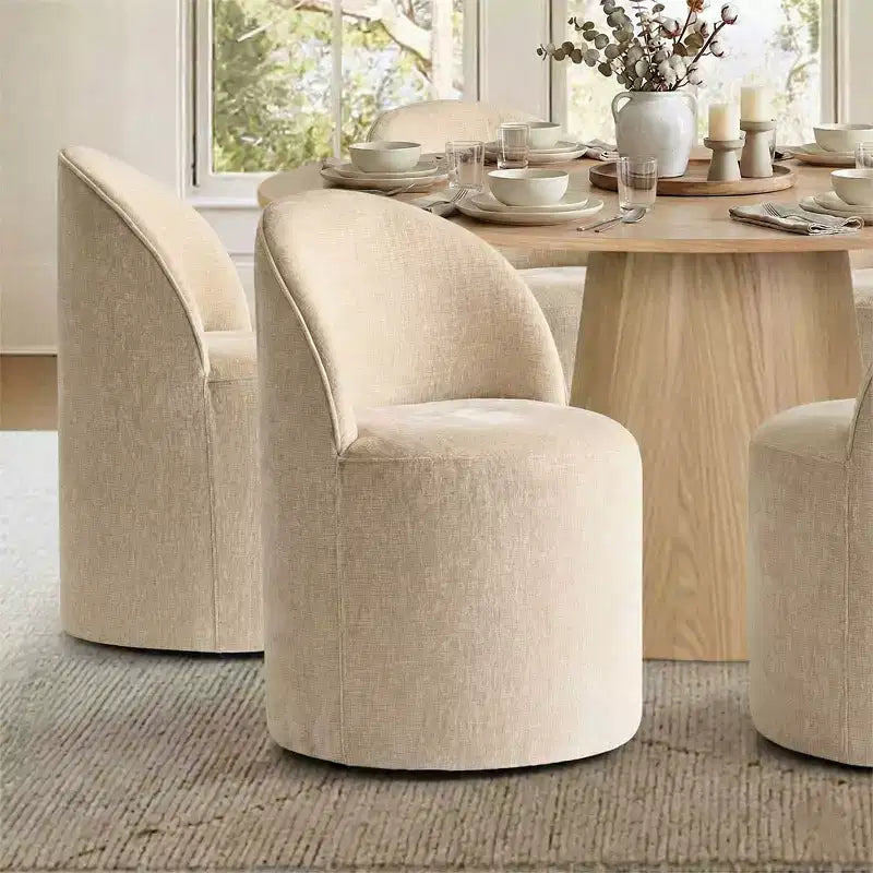 Ensemble de salle à manger moderne pour 6 personnes, table ronde à piètement central, fauteuils pivotants en forme de tonneau à roulettes, chenille texturée - Panipeachy
