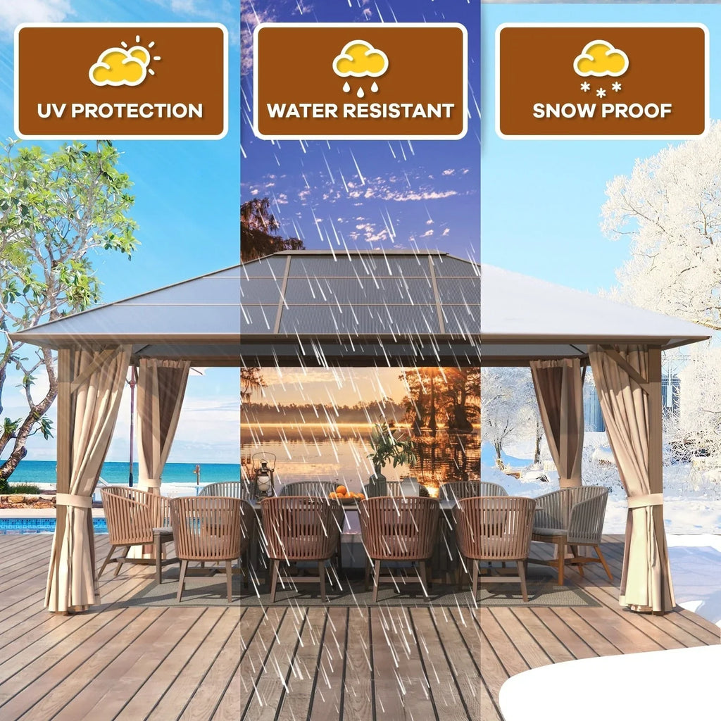 EROMMY Pavillon mit festem Dach, Pergola für den Außenbereich mit Doppeldach, Moskitonetz und Vorhängen, strapazierfähiges Sonnendach für Terrasse, Garten und Poolpartys