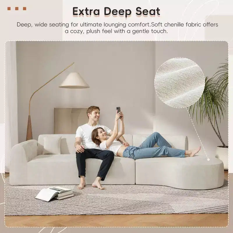 Moderne gebogen hoekbank van 140 inch met chaise longue, set van 3 delen, voor de woonkamer