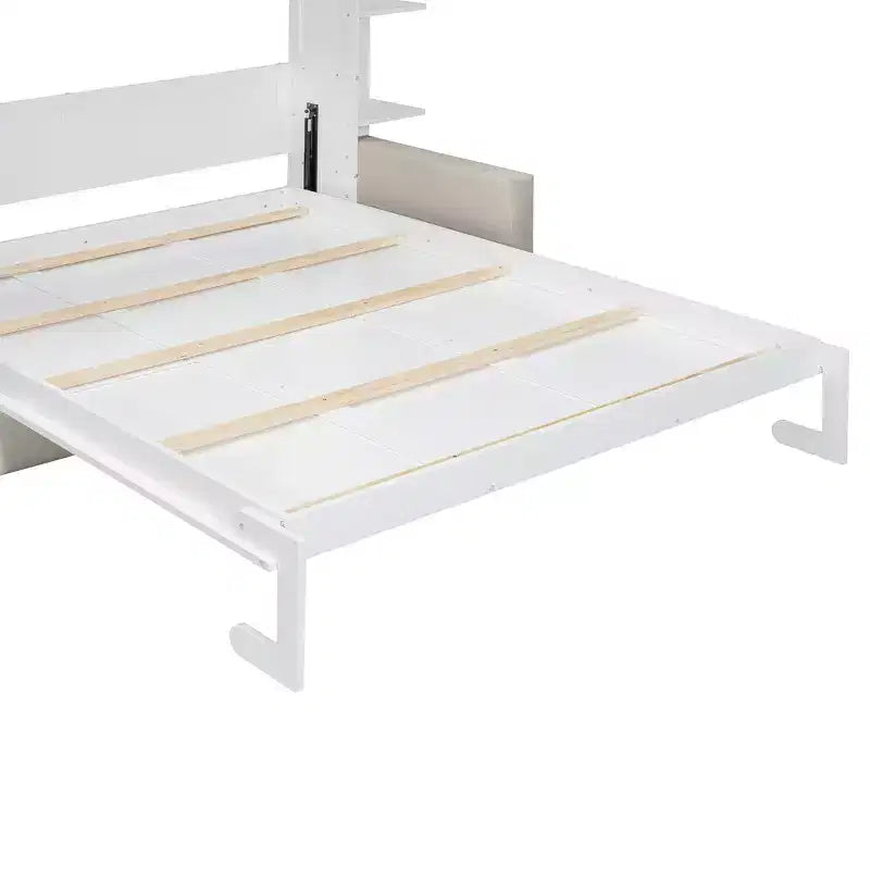 Queensize Murphy-bed met bank, opklapbed in kastformaat met boekenkast en planken voor de logeerkamer of het kantoor