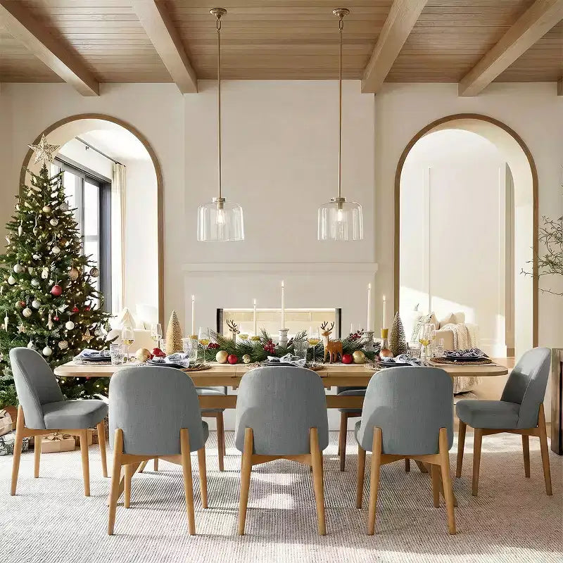 Ensemble de salle à manger de 9 pièces pour 8 personnes, table extensible à piètement en tréteau et chaises rembourrées avec pieds en bois massif-Panipeachy
