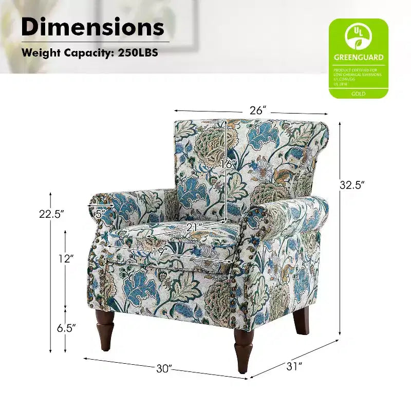 Araceli traditioneller gepolsterter Holzsessel mit Blumenmuster, Ohrenlehnen und Ziernägeln | ART OF LIVING DESIGNS