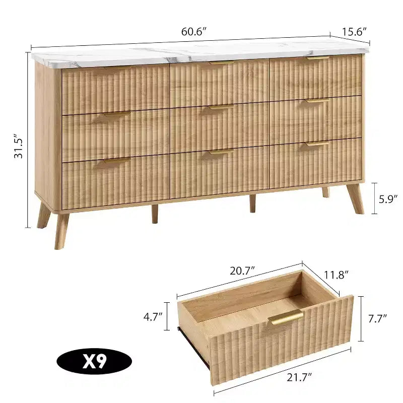 Commode à 9 tiroirs cannelés, meuble moderne, commode en bois et meuble TV, design à profil incurvé, pour le salon et le couloir