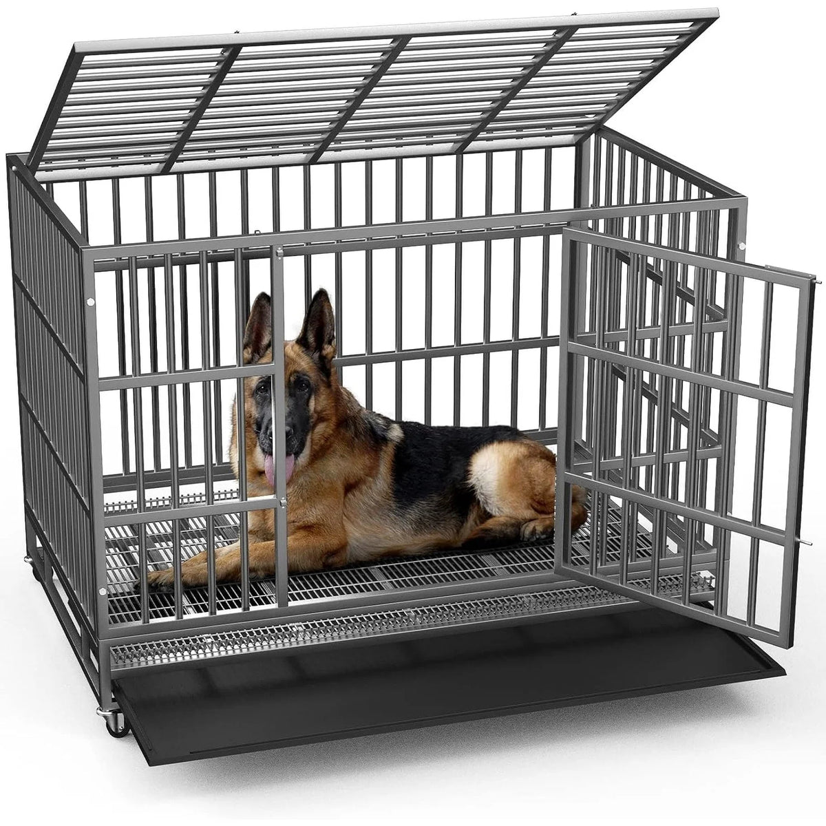 BOSSIN 48/38 inch robuster, unzerstörbarer Hundekäfig, ausbruchsicherer Zwinger mit feststellbaren Rollen
