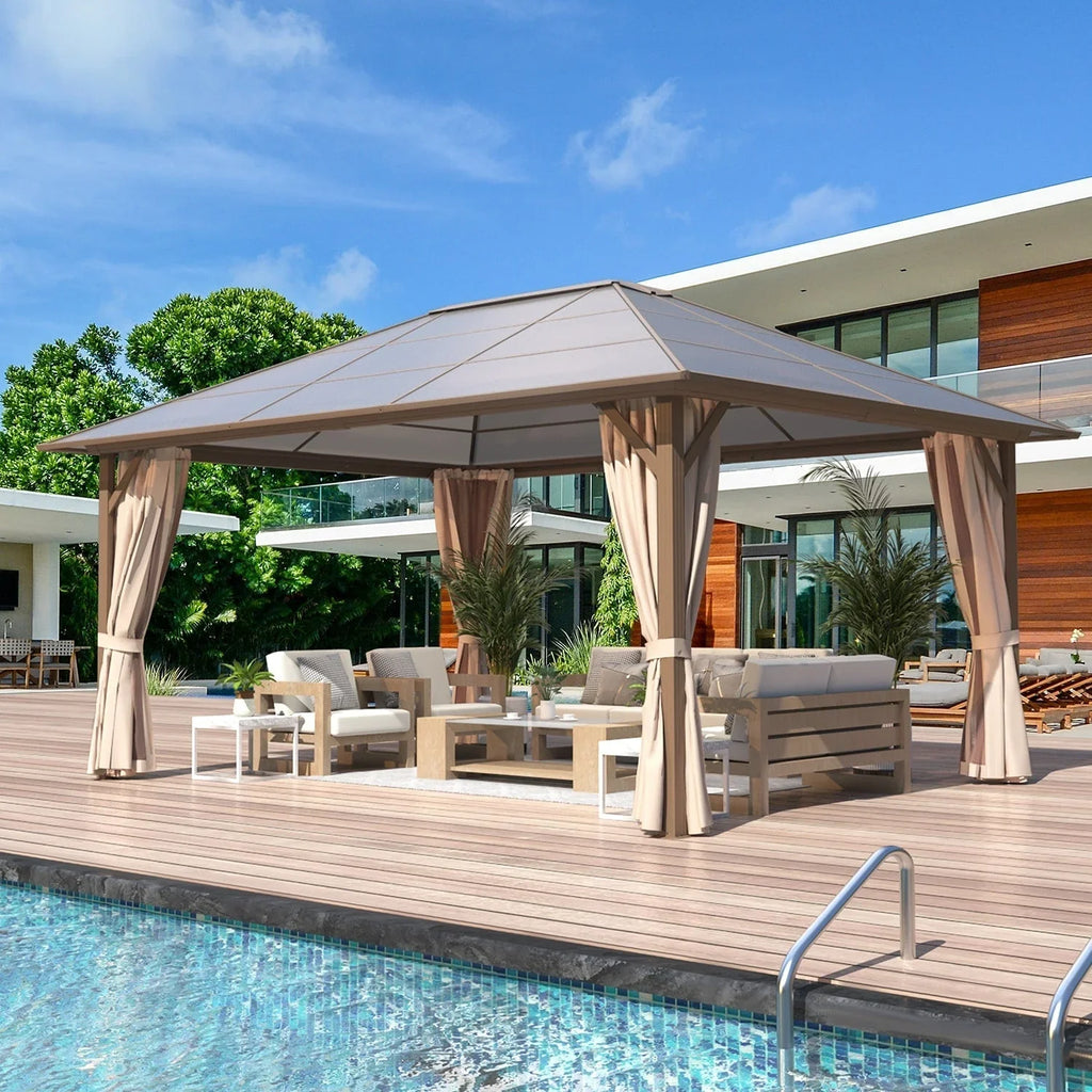 EROMMY Pavillon mit festem Dach, Pergola für den Außenbereich mit Doppeldach, Moskitonetz und Vorhängen, strapazierfähiges Sonnendach für Terrasse, Garten und Poolpartys