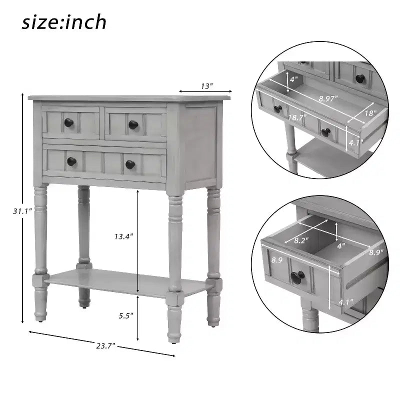 Smalle consoletafel van 23.7in met 3 lades en een plank, sidetable voor kleine ruimtes, hal of woonkamer