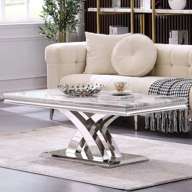 Moderner Couchtisch, rechteckig, 48, mit X-förmigem Sockel, für das Wohnzimmer