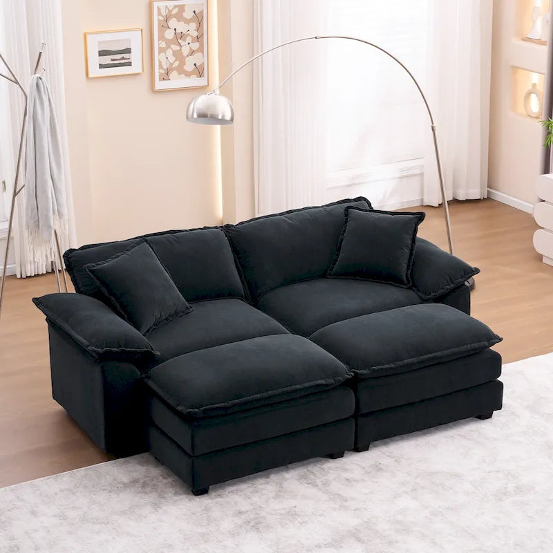 2-Sitzer-Sofa mit 2 Sitzkissen, 2 Kissen und 2 Hockern, bequemes Sofa - tiefes Sofa fürs Wohnzimmer, modulares Sofa
