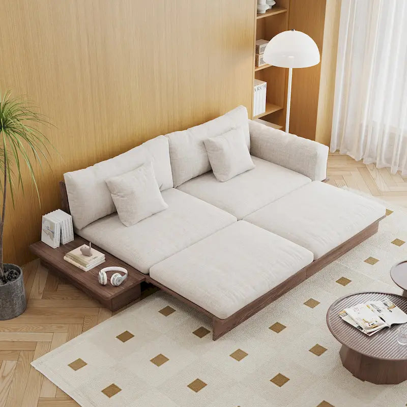 Nowoczesna sofa JASIWAY z litego drewna, tapicerowana bawełnianą tkaniną lnianą